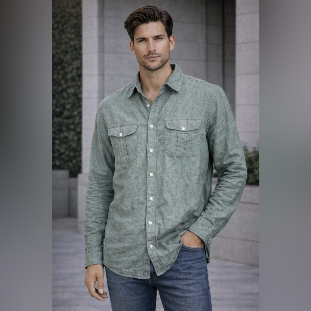 Lands' End Sage Button Down Shirt 100% linen